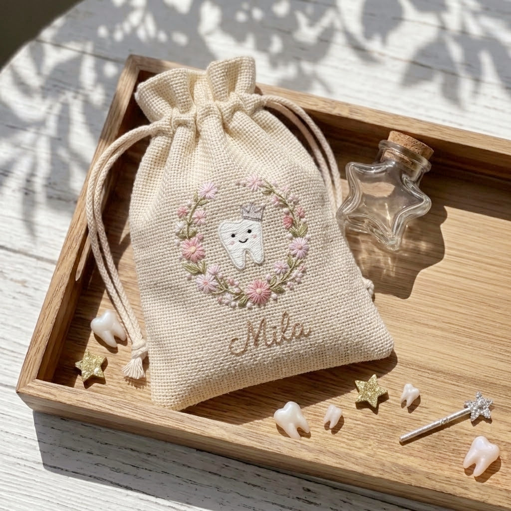 Personalized Tooth Fairy Bag, Embroidered Name & Star Glass Tooth Jar