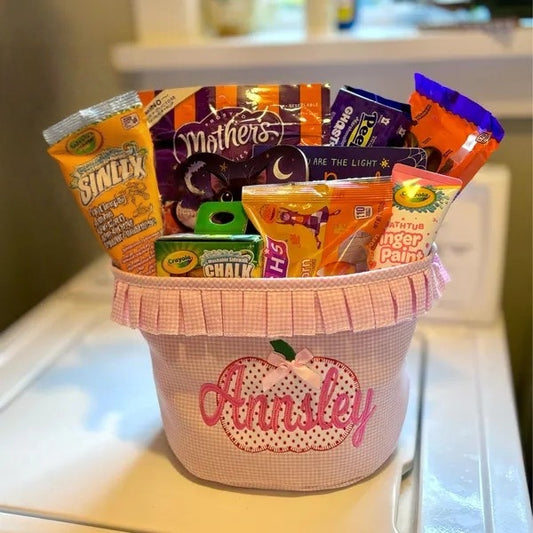 Personalized Halloween Bucket – Pink or Blue Gingham Trick-or-Treat