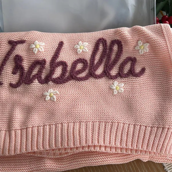 Personalized Floral Baby Name Knit Blanket | Custom Embroidered Gift