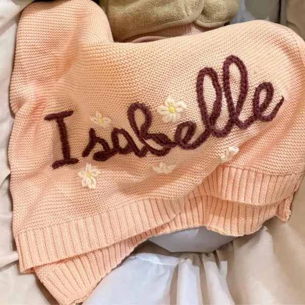 Personalized Floral Baby Name Knit Blanket | Custom Embroidered Gift