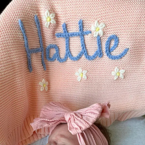 Personalized Floral Baby Name Knit Blanket | Custom Embroidered Gift