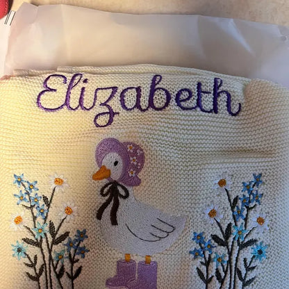 Personalized Duck Floral Embroidered Name Knit Blanket Keepsake Gift