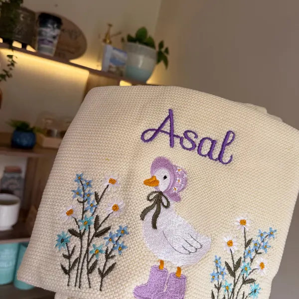 Personalized Duck Floral Embroidered Name Knit Blanket Keepsake Gift