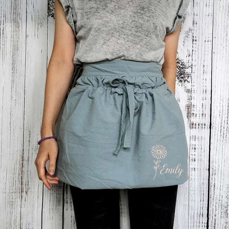 Personalized Gardening Apron with Birth Flower | Embroidered Cotton Linen Garden Apron