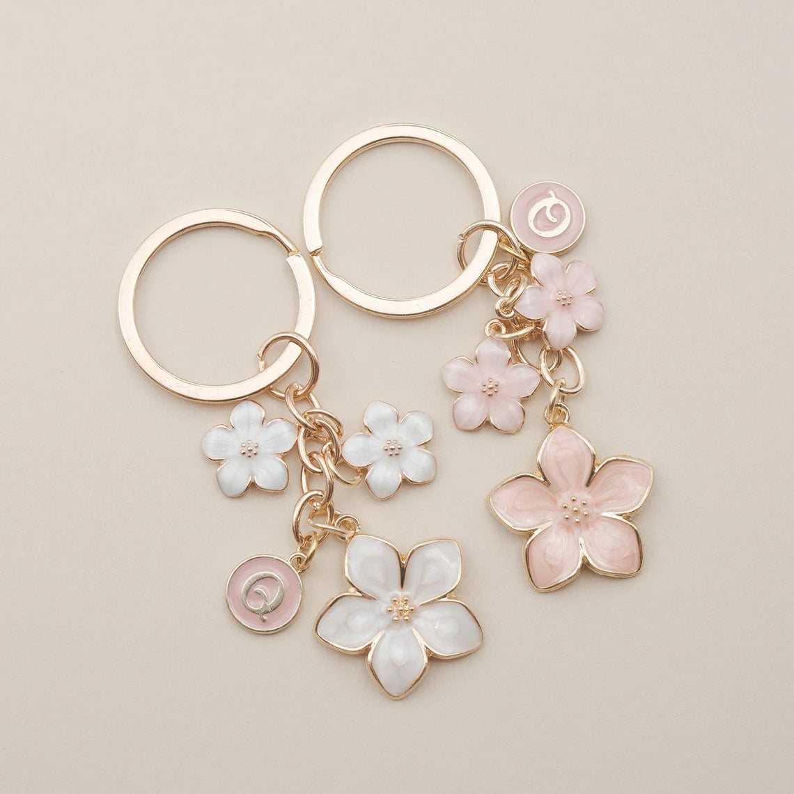Cherry Blossom Flower Keychain with Custom Initial Charm