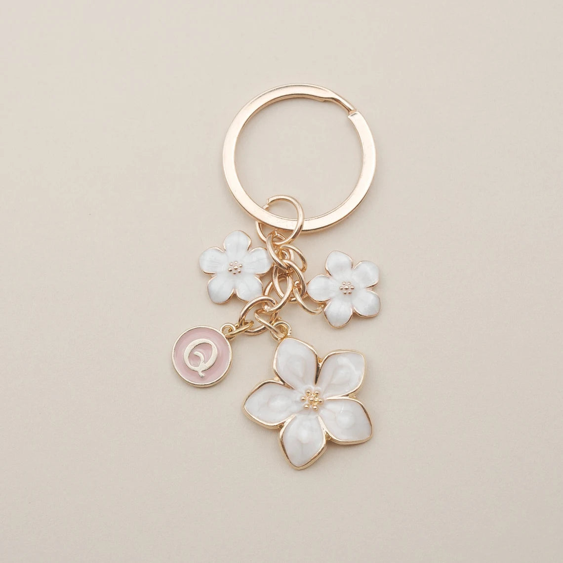 Cherry Blossom Flower Keychain with Custom Initial Charm