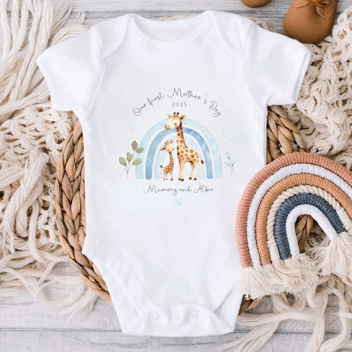 Our First Mother's Day Sleepsuit Personalized New Mum Gift giraffe bear elephant