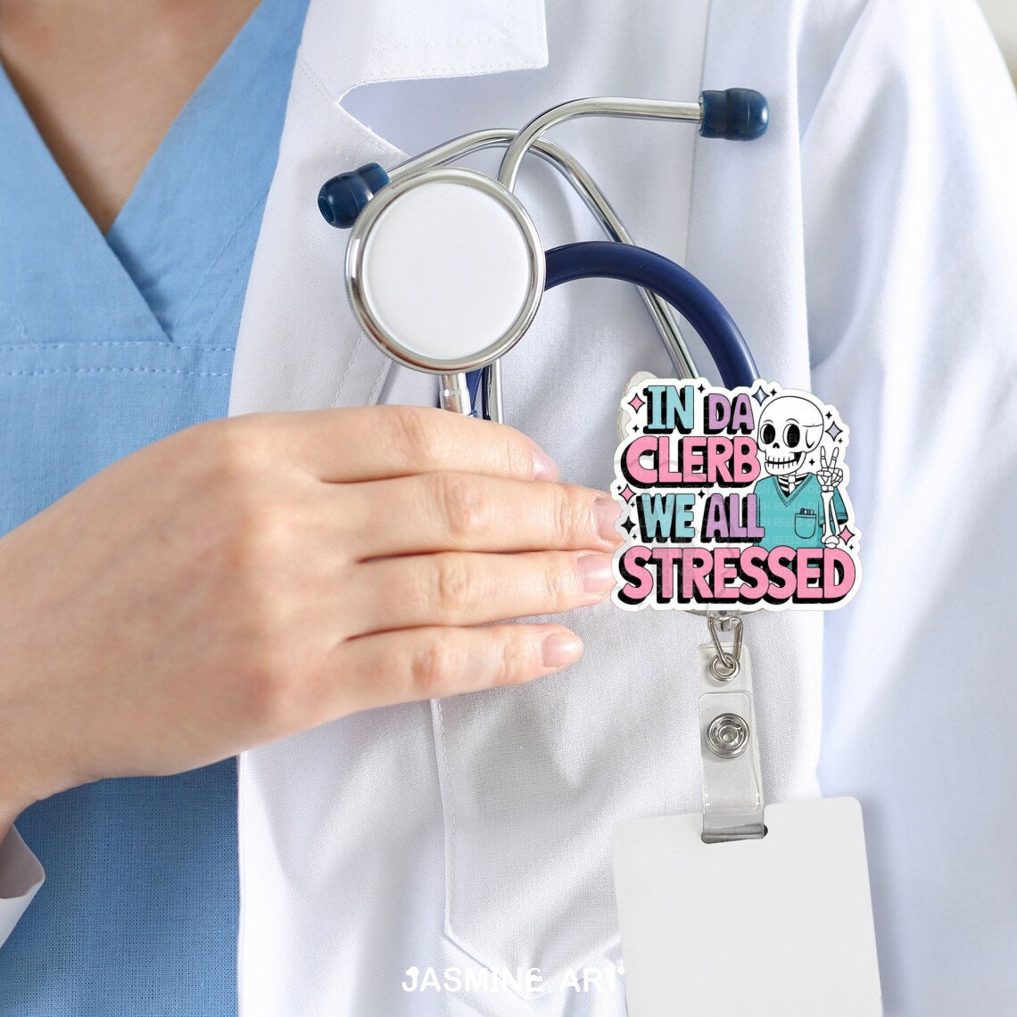 Funny Skeleton Nurse Badge Reel, Acrylic Retractable Badge ID Holder