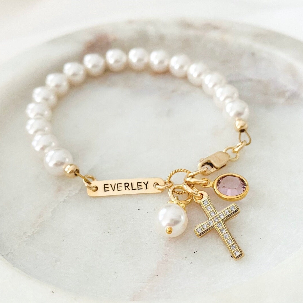 Personalised Cross Pearl Bracelet – First Holy Communion