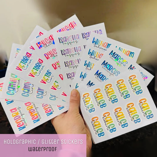 Custom Name Stickers – Waterproof Holographic School Labels  2 Sheets