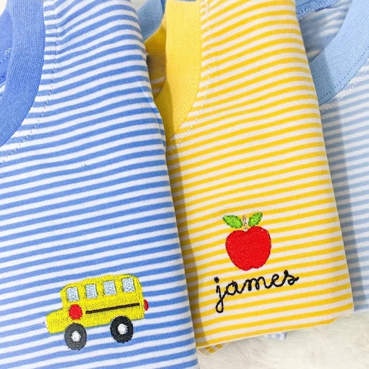 Personalized Kids Back to School Shirt – Embroidered Bus, Apple, or Wagon