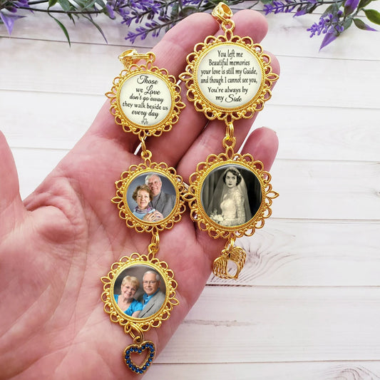 Gold Memorial Bridal Bouquet Charm - Personalized Remembrance Photo Pin