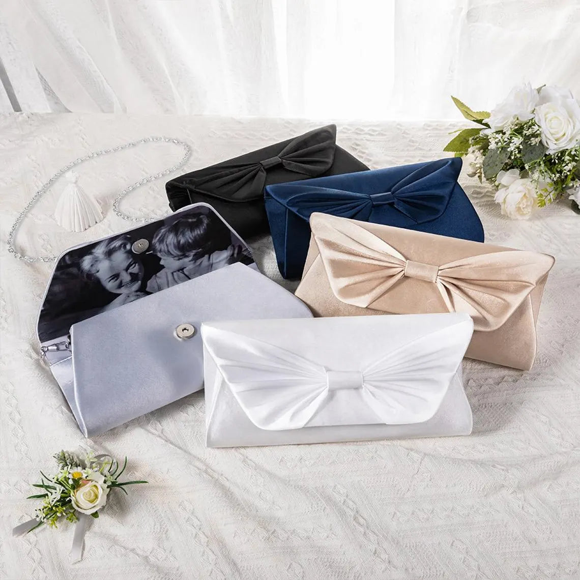 Personalized Silk Bow Tie Clutch with Hidden Photo Inside Something Old