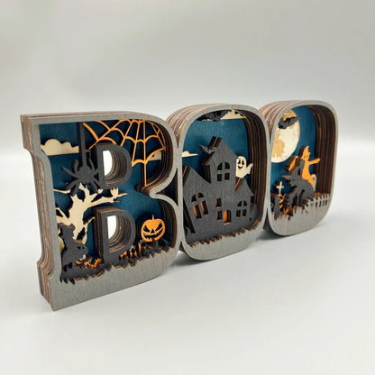 3D Wooden BOO Sign Lamp – Halloween Tabletop & Wall Decoration