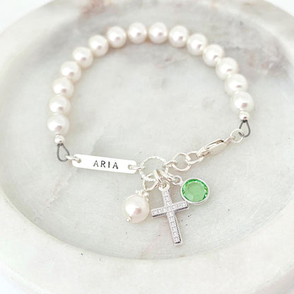 Personalised Cross Pearl Bracelet – First Holy Communion