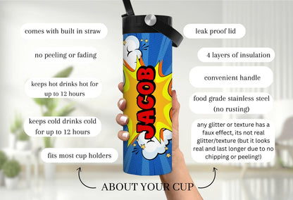 Personalized Comic Book Hero Kids Water Bottle with Straw