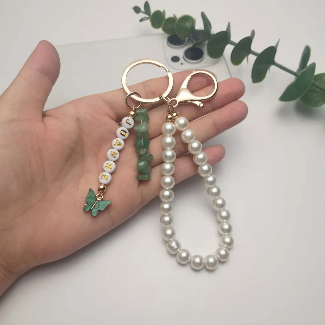 Personalized Name Keyring – Crystal, Butterfly & Pearl Charm
