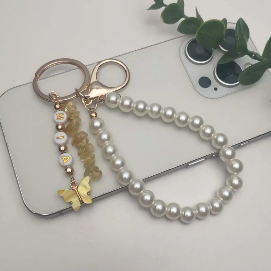 Personalized Name Keyring – Crystal, Butterfly & Pearl Charm