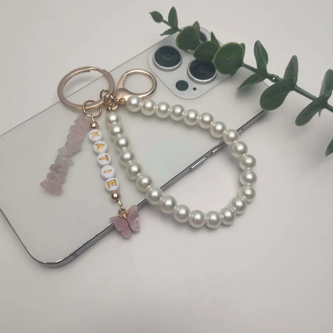 Personalized Name Keyring – Crystal, Butterfly & Pearl Charm
