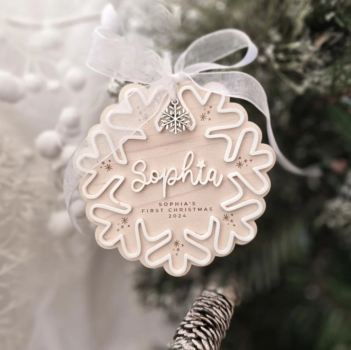 Custom Baby First Christmas Snowflake Ornament 2025 – Name & “First/Merry Christmas”