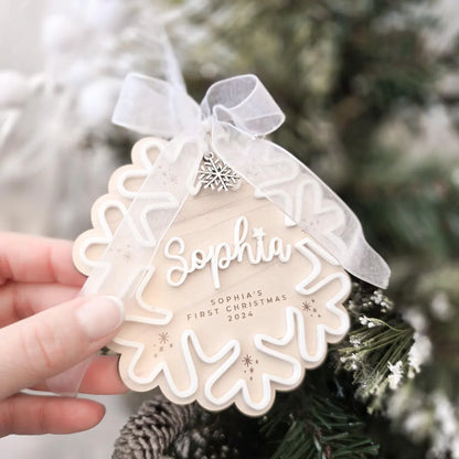 Custom Baby First Christmas Snowflake Ornament 2025 – Name & “First/Merry Christmas”