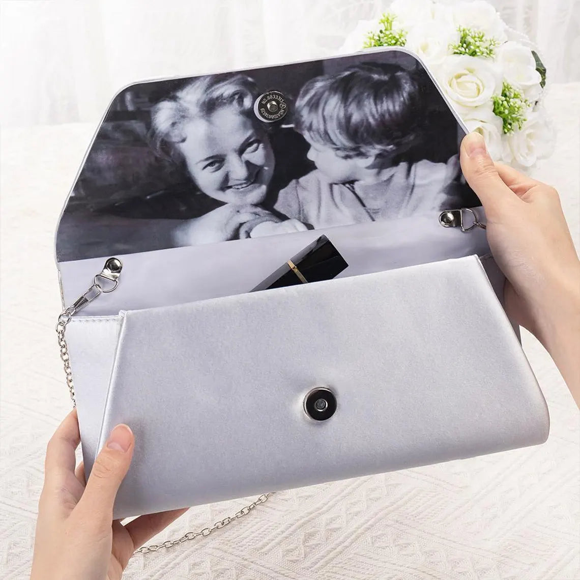 Personalized Silk Bow Tie Clutch with Hidden Photo Inside Something Old
