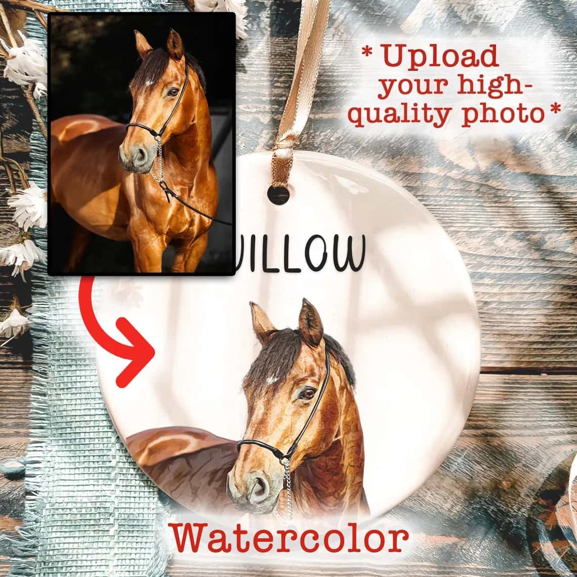 Personalized Horse  Ceramic Ornament 2025 | Custom Watercolor Photo Gift