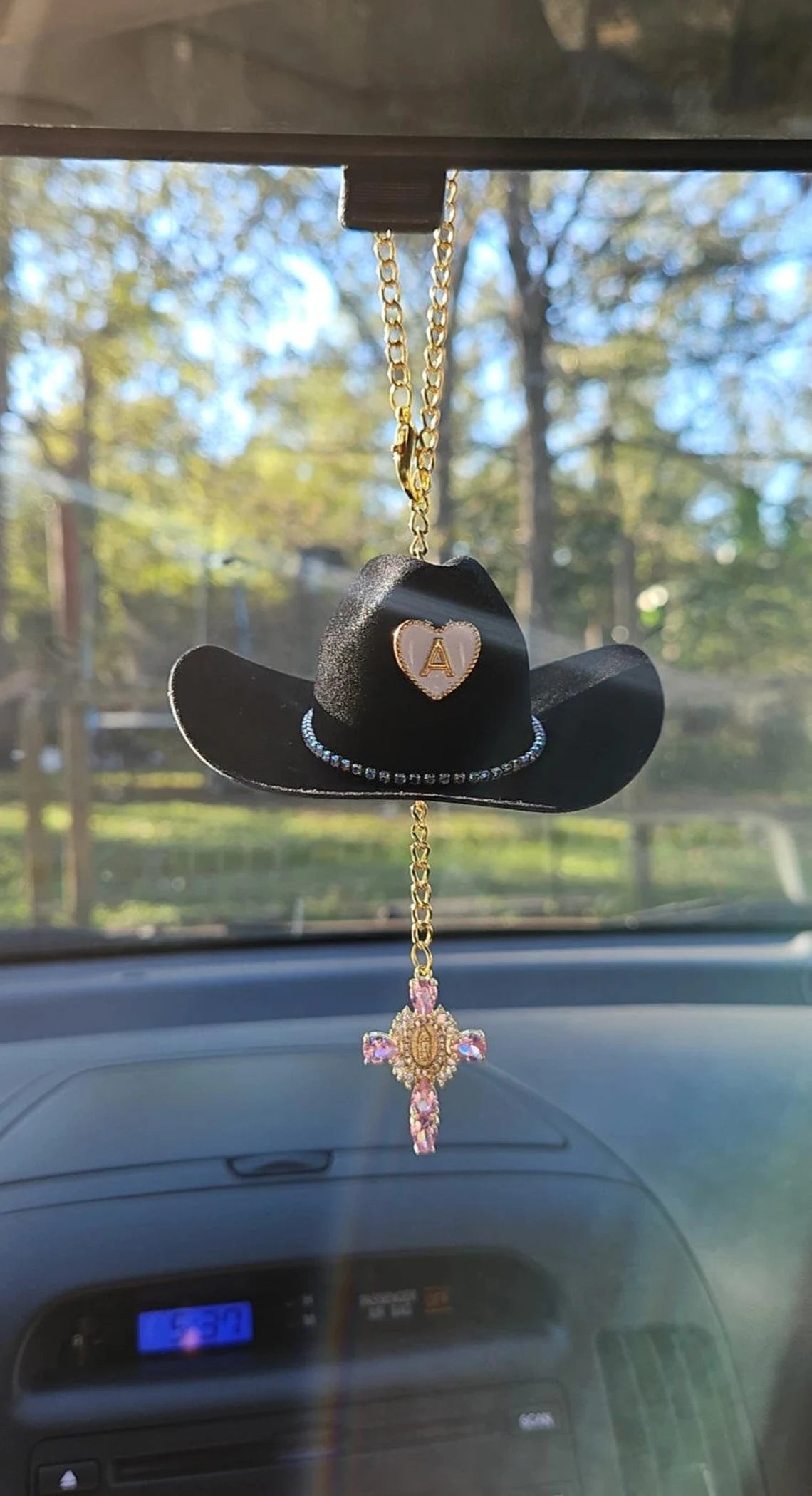 Mini Cowboy Hat Virgin Mary Car Charm – Custom Hat, Cross & Initial