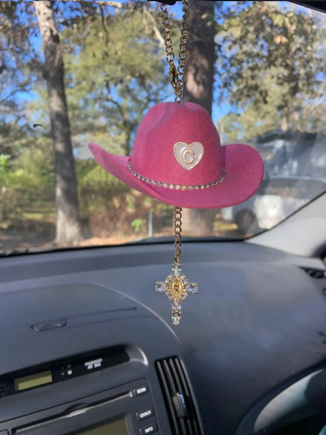 Mini Cowboy Hat Virgin Mary Car Charm – Custom Hat, Cross & Initial