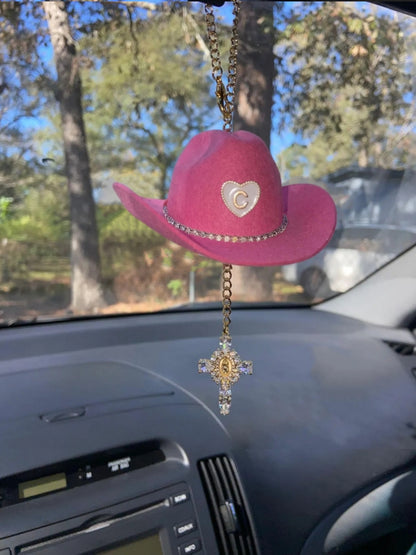 Mini Cowboy Hat Virgin Mary Car Charm – Custom Hat, Cross & Initial