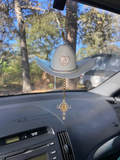 Mini Cowboy Hat Virgin Mary Car Charm – Custom Hat, Cross & Initial