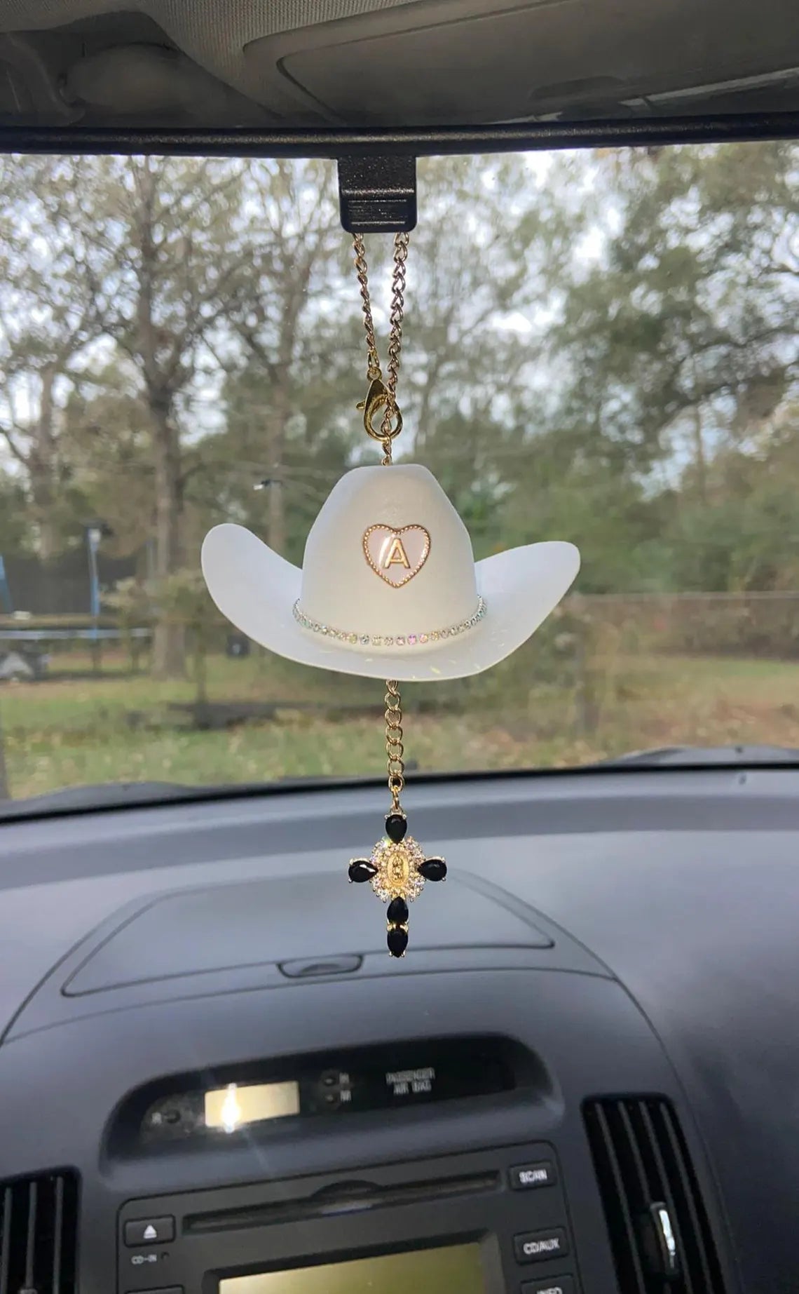 Mini Cowboy Hat Virgin Mary Car Charm – Custom Hat, Cross & Initial