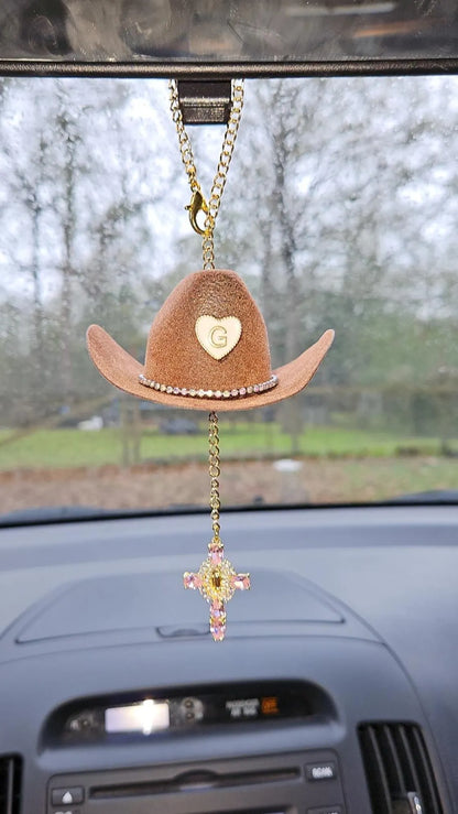 Mini Cowboy Hat Virgin Mary Car Charm – Custom Hat, Cross & Initial