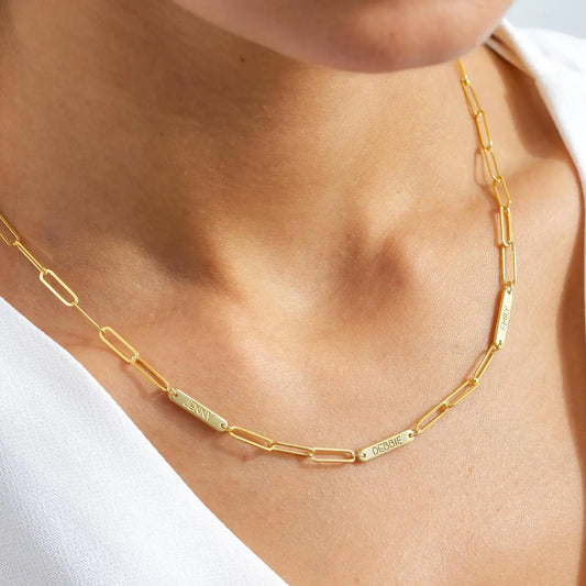 Engraved Bar Necklace with Paperclip Chain – Custom Name Necklace, Gift for Her