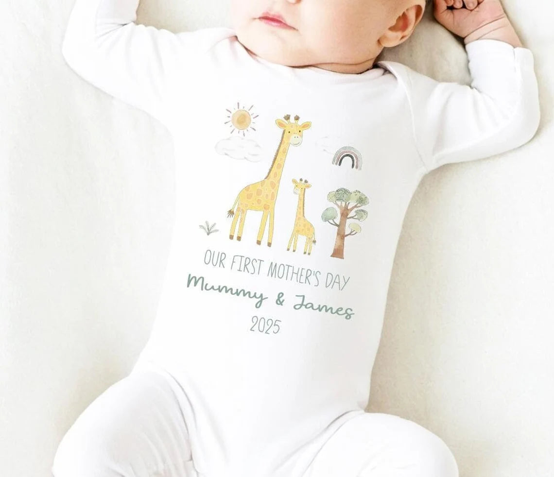Our First Mother's Day Sleepsuit Personalized New Mum Gift giraffe bear elephant