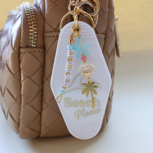 Custom Beach Motel Keychain – Seashell & Palm Tree Charm Gift