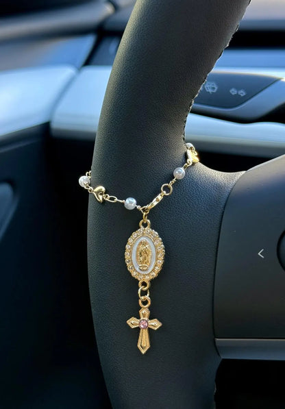 Heart Steering Wheel Rosary Charm - Custom Car Accessory