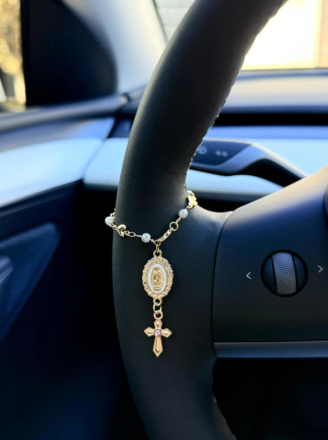 Heart Steering Wheel Rosary Charm - Custom Car Accessory