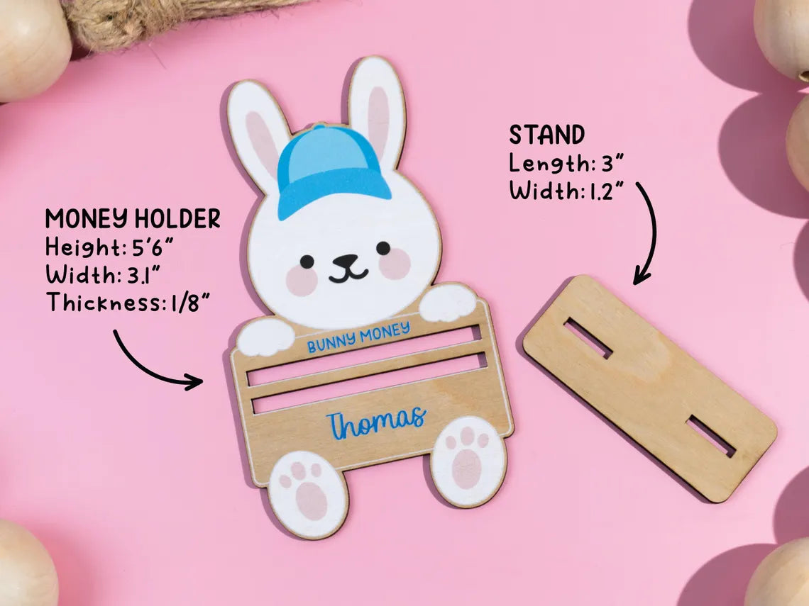 Personalisierter Geldbeutel in Hasenform aus Holz mit Ständer – Ostergeschenk für Kinder