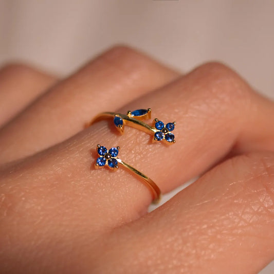 Something Blue Sapphire Flower Ring – Adjustable 925 Sterling Silver