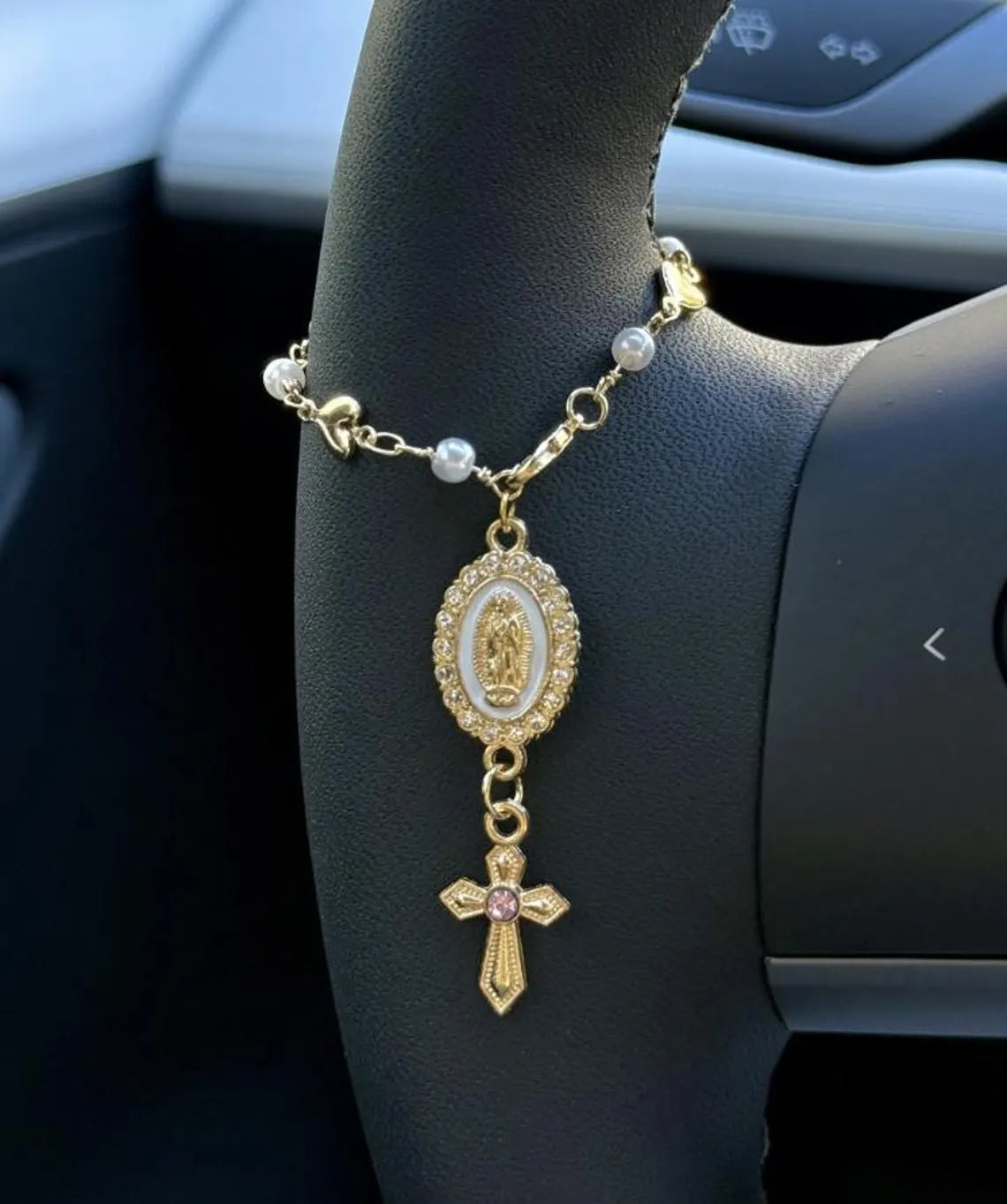 Heart Steering Wheel Rosary Charm - Custom Car Accessory