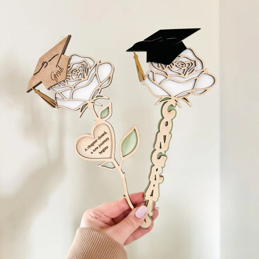 Graduation Heart Flower Gift – Wooden Rose with Grad Cap & Quote