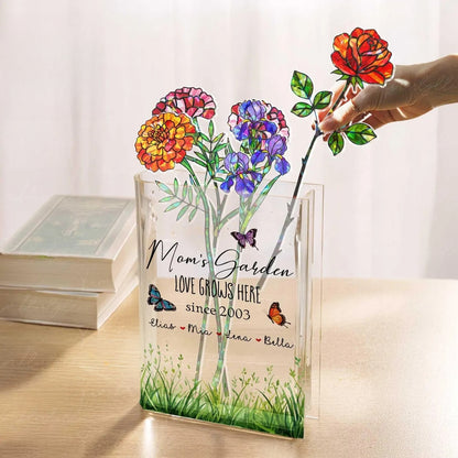 Custom Acrylic Book Vase with Holographic Birth Flowers – Perfect Mother’s Day Gift