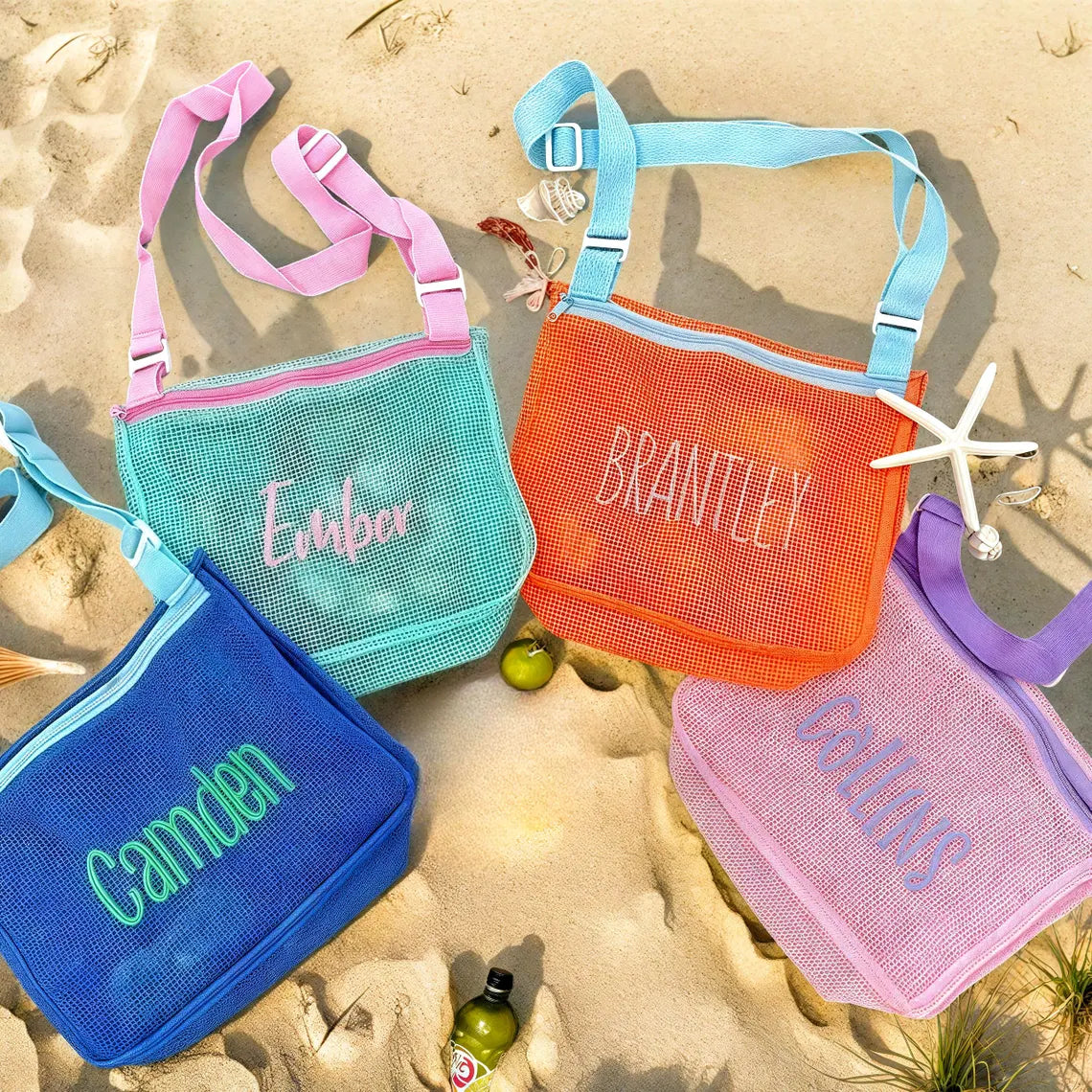 Personalized Name Mesh Seashell Beach Bag for Kids