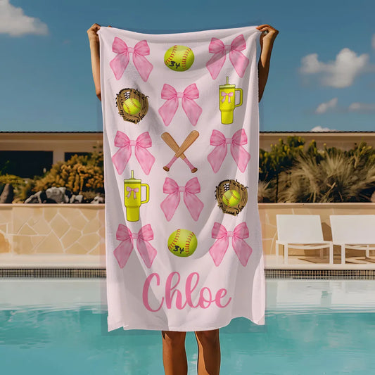 Custom Softball Beach Towel – Personalized Name & Number Gift