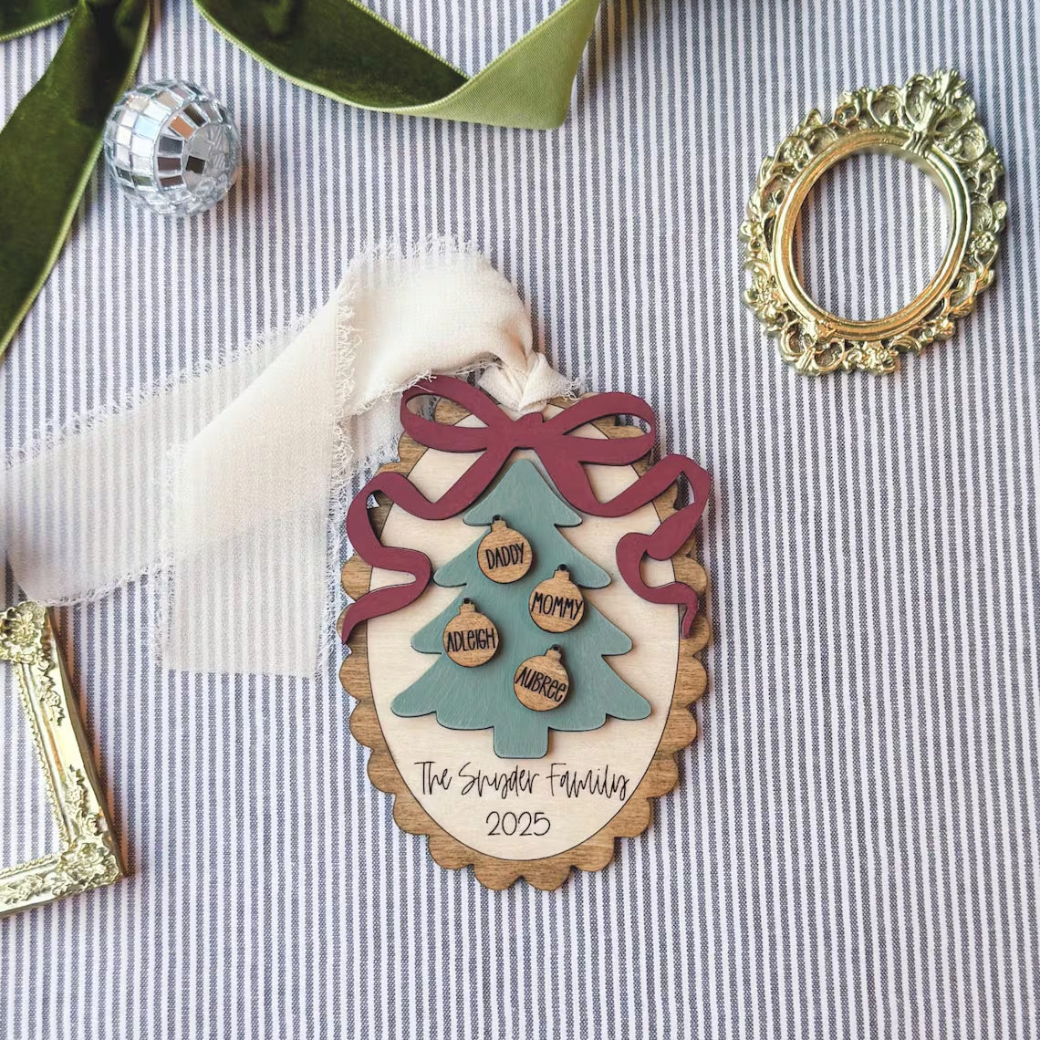 Personalized Family Christmas Bow Ornament – Retro Keepsake