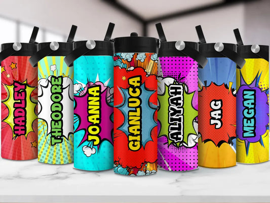 Personalized Comic Book Hero Kids Water Bottle with Straw