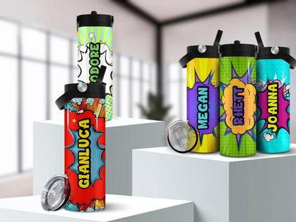 Personalized Comic Book Hero Kids Water Bottle with Straw