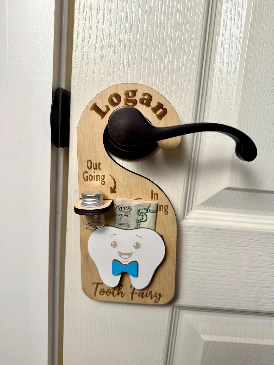 Personalized Tooth Fairy Door Hanger – Custom Name Tooth Holder with Jar