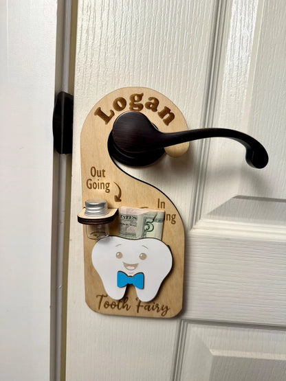 Personalized Tooth Fairy Door Hanger – Custom Name Tooth Holder with Jar